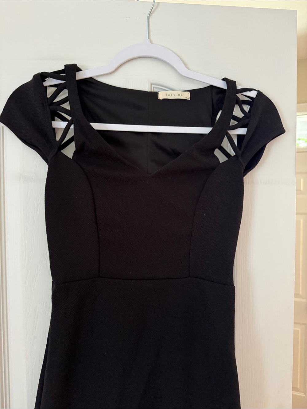 Just Me Black Strappy Cap-Sleeve Fit & Flare Mini Dress